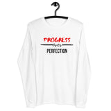 Progress Over Perfection Unisex Long Sleeve T-Shirt (White/Grey)