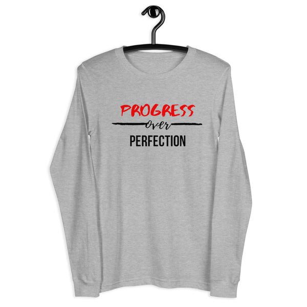 Progress Over Perfection Unisex Long Sleeve T-Shirt (White/Grey)